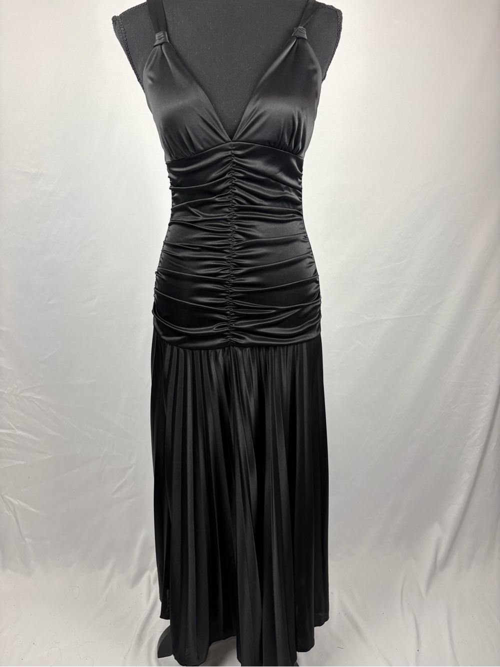Black Dress Evening Gown Ruched Satin Maxi Dress - Elegant Evening Style